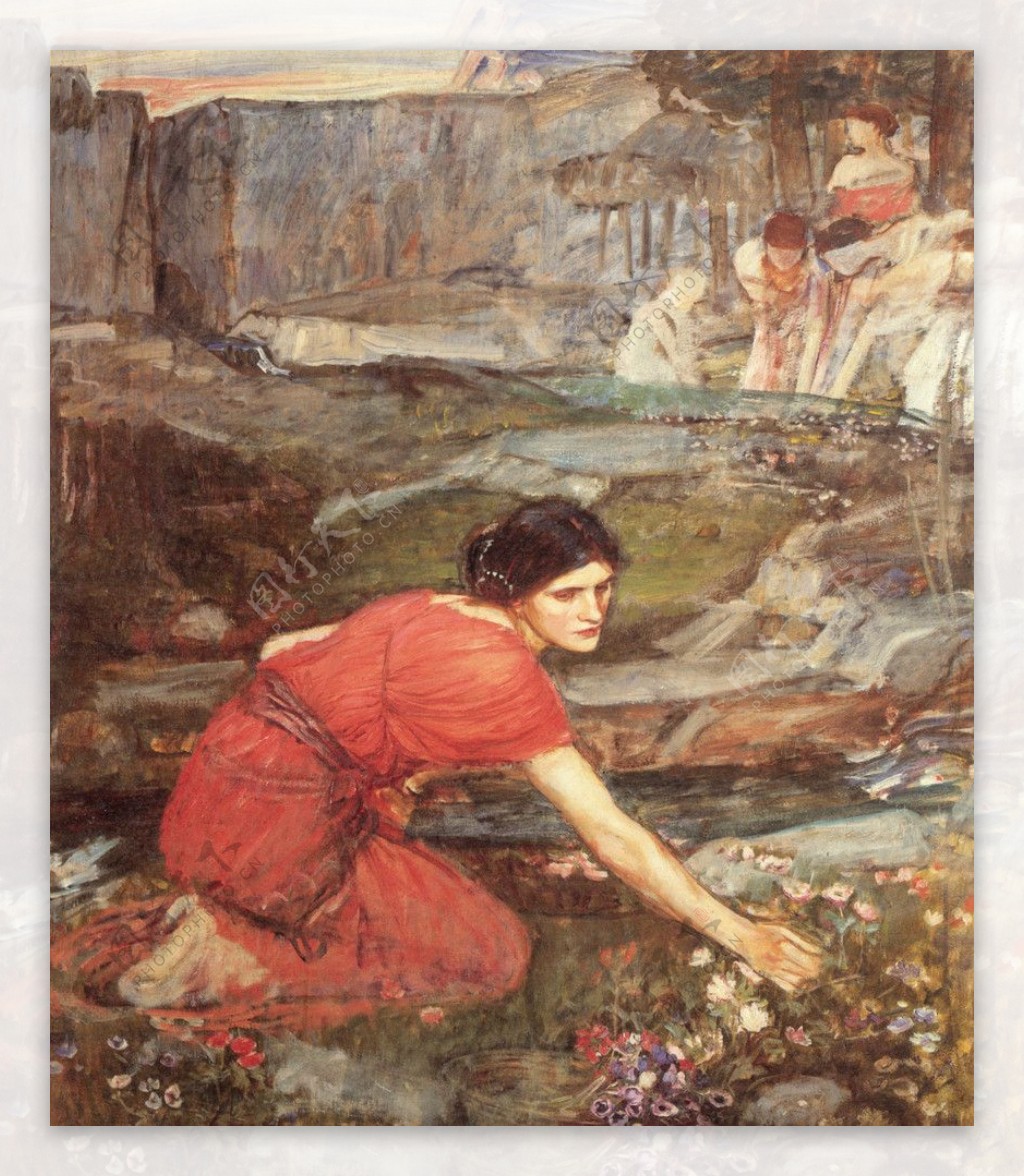 河边采花的少女图片