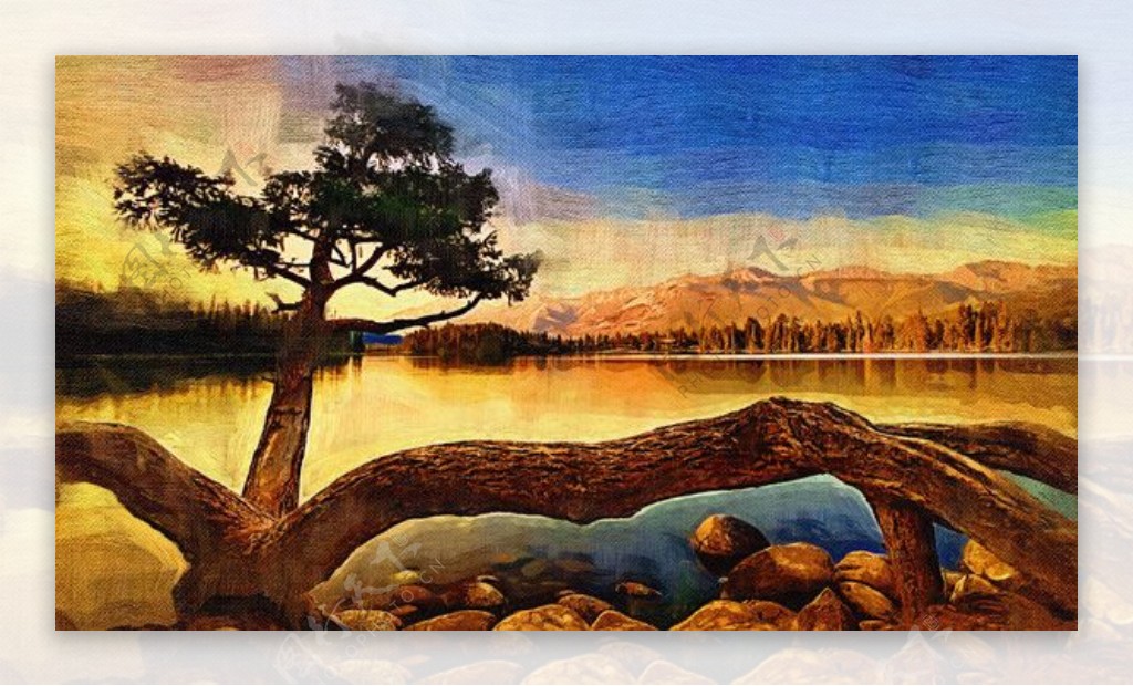 沙漠风景湖边景物数古典树木油画挂画夕阳图片