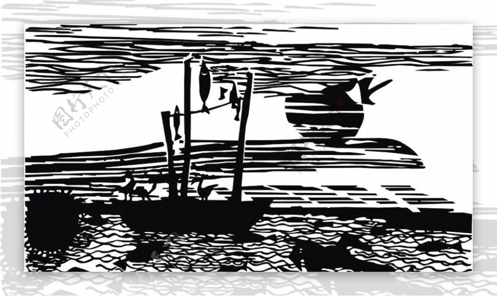 渔船停泊在夕阳下图片