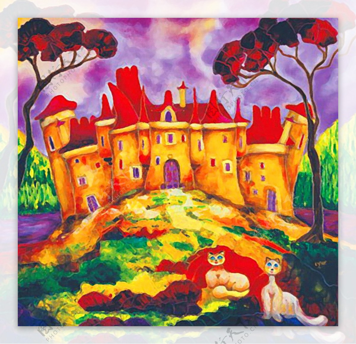 油画城堡前的猫咪图片