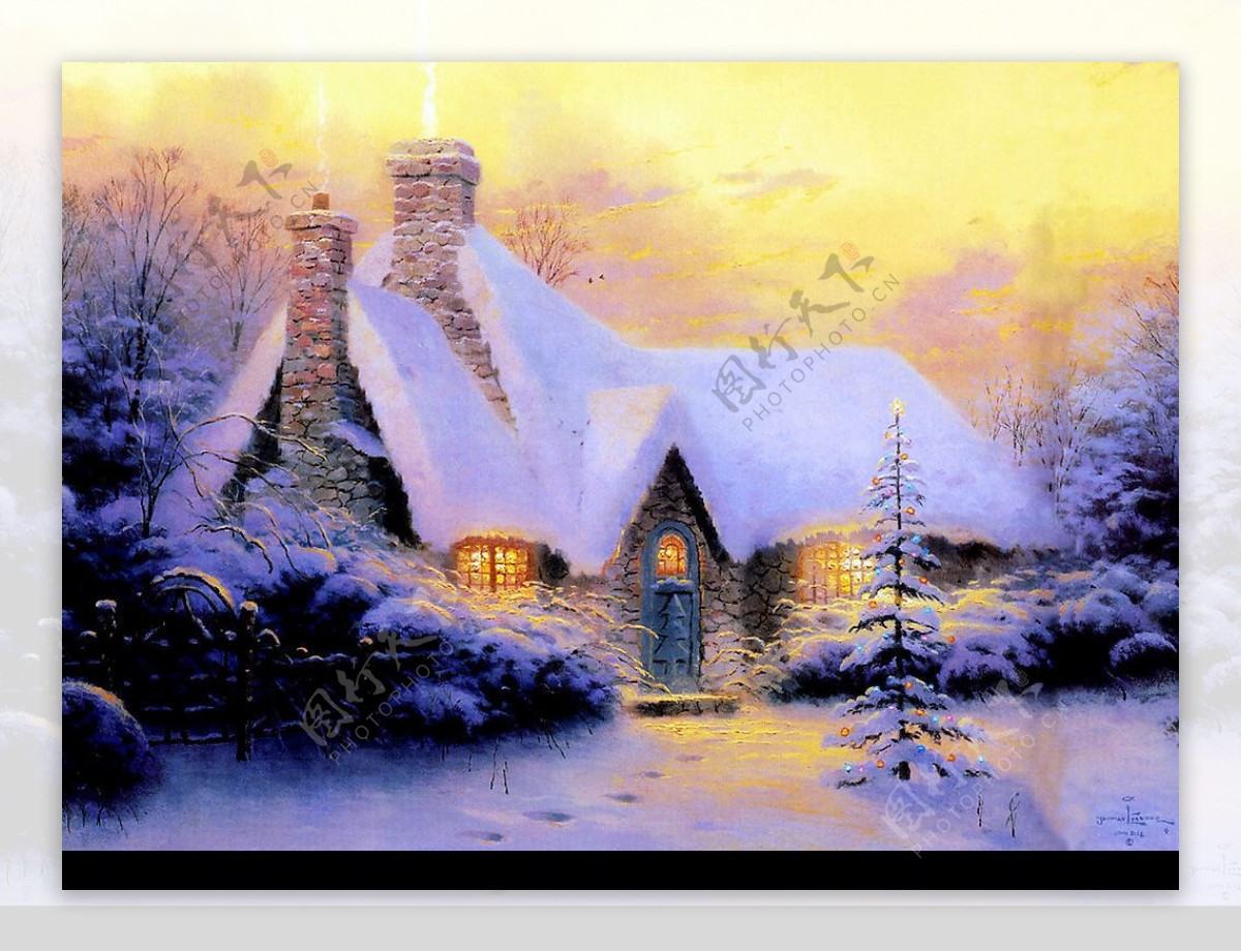 圣诞雪景绘画图片