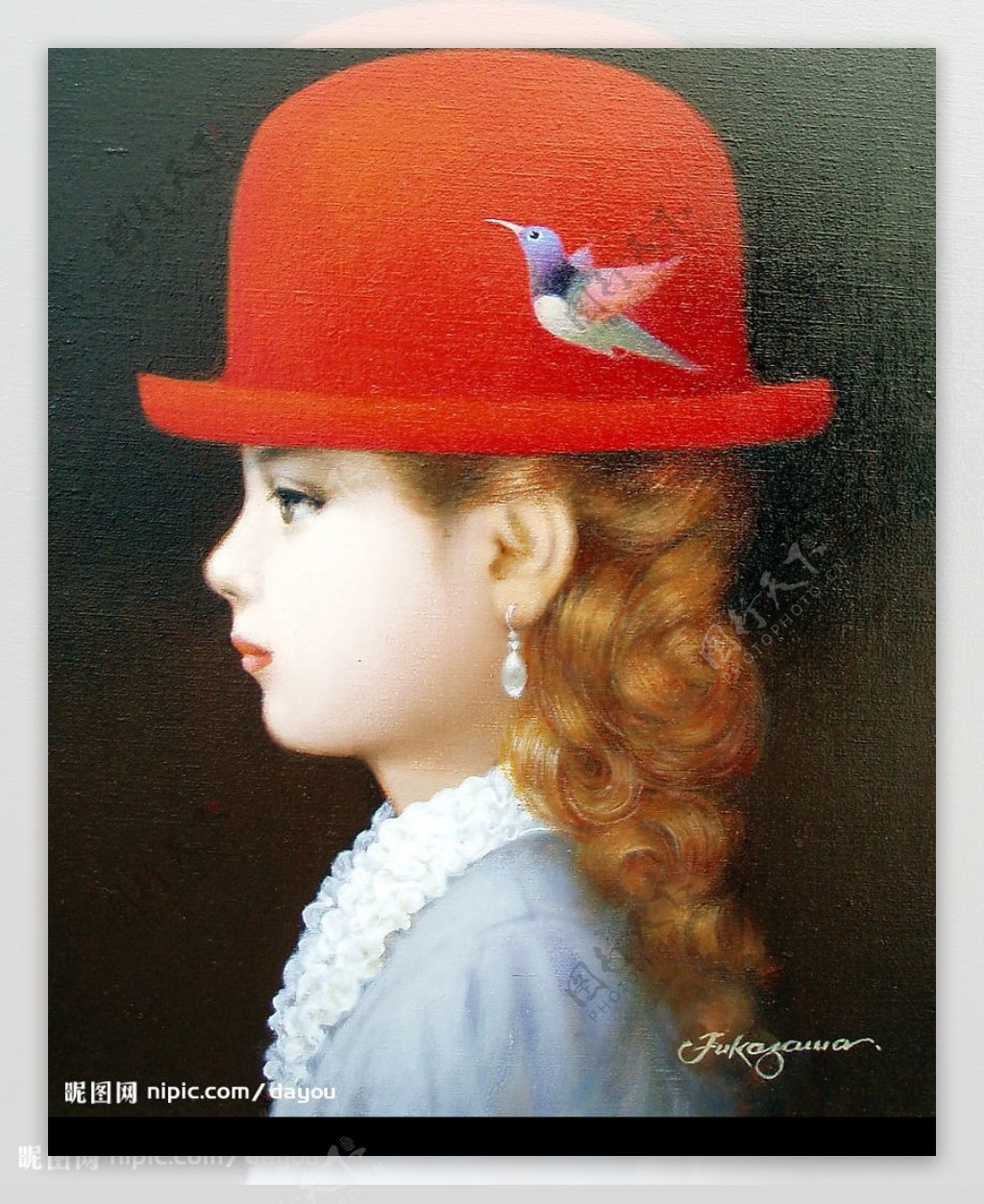 戴红帽的女孩油画图片