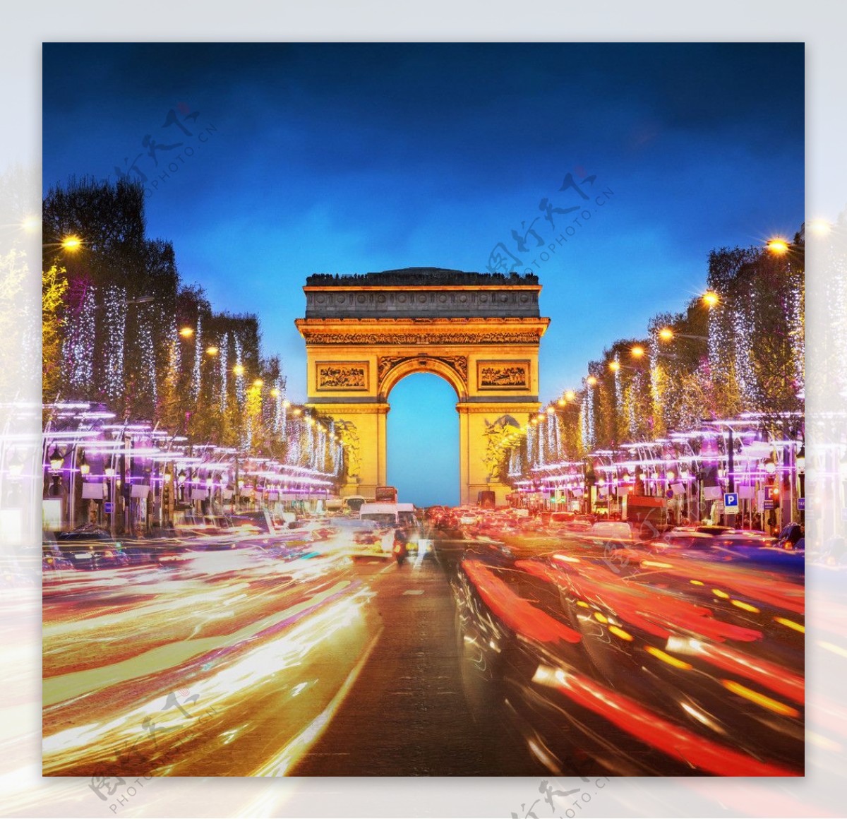 著名的巴黎香榭丽舍大道和凯旋门，象征着在晴朗的天气和多云的天空下的辉煌。法国的标志性旅游地标和浪漫旅游目的地。长时间曝光照片摄影图片_ID ...