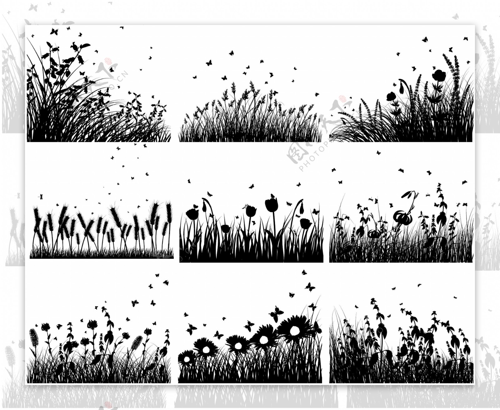 黑白花草矢量素材图片