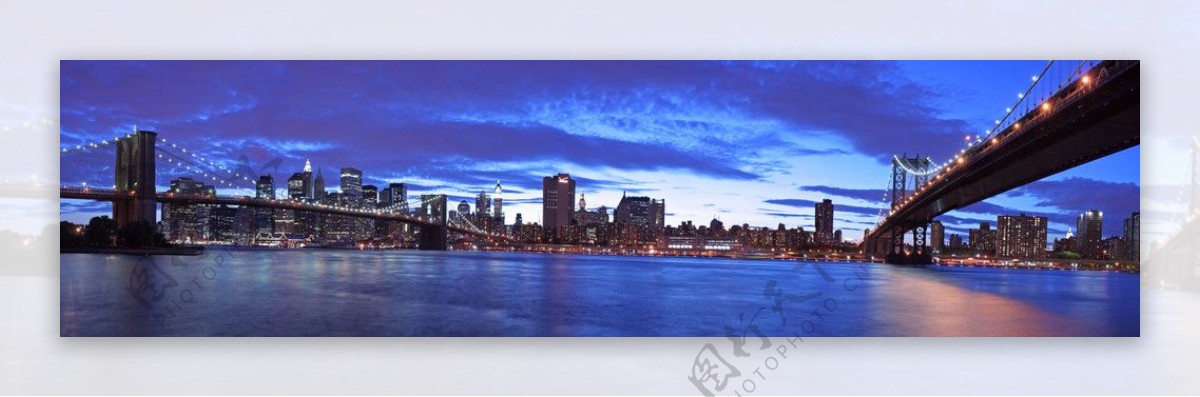 夜景纽约夜晚桥河水图片