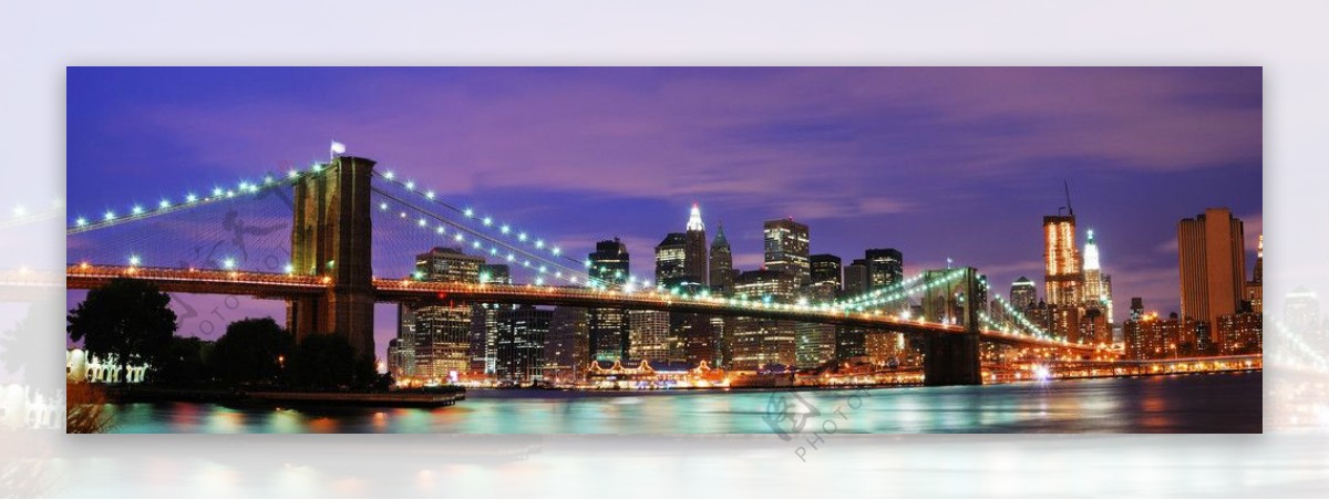夜景纽约夜晚桥河水图片