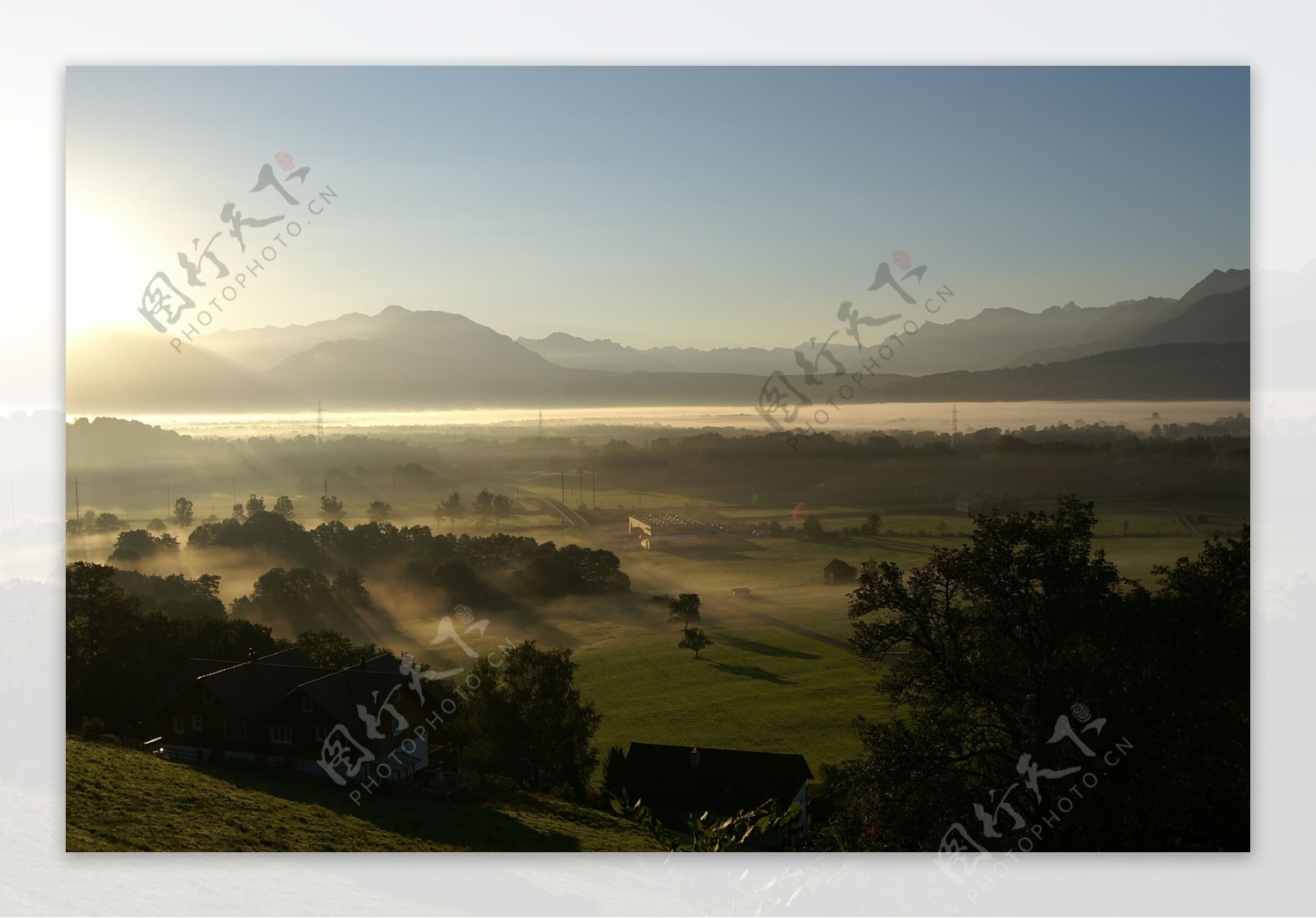 瑞士莱茵山谷的晨雾图片