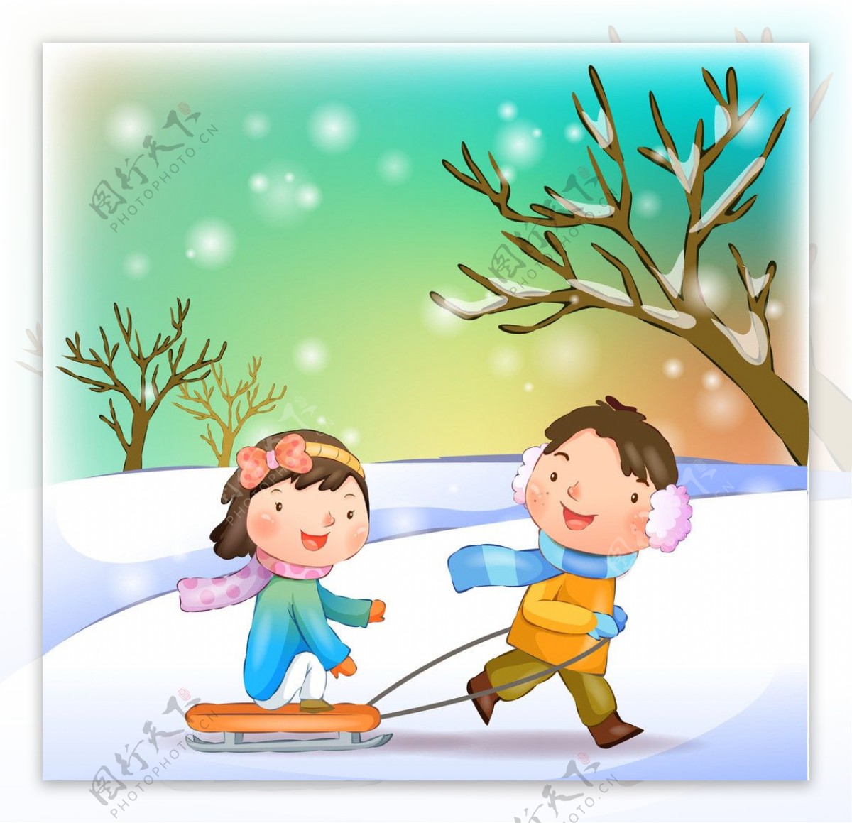 在雪地里玩滑雪的孩子图片