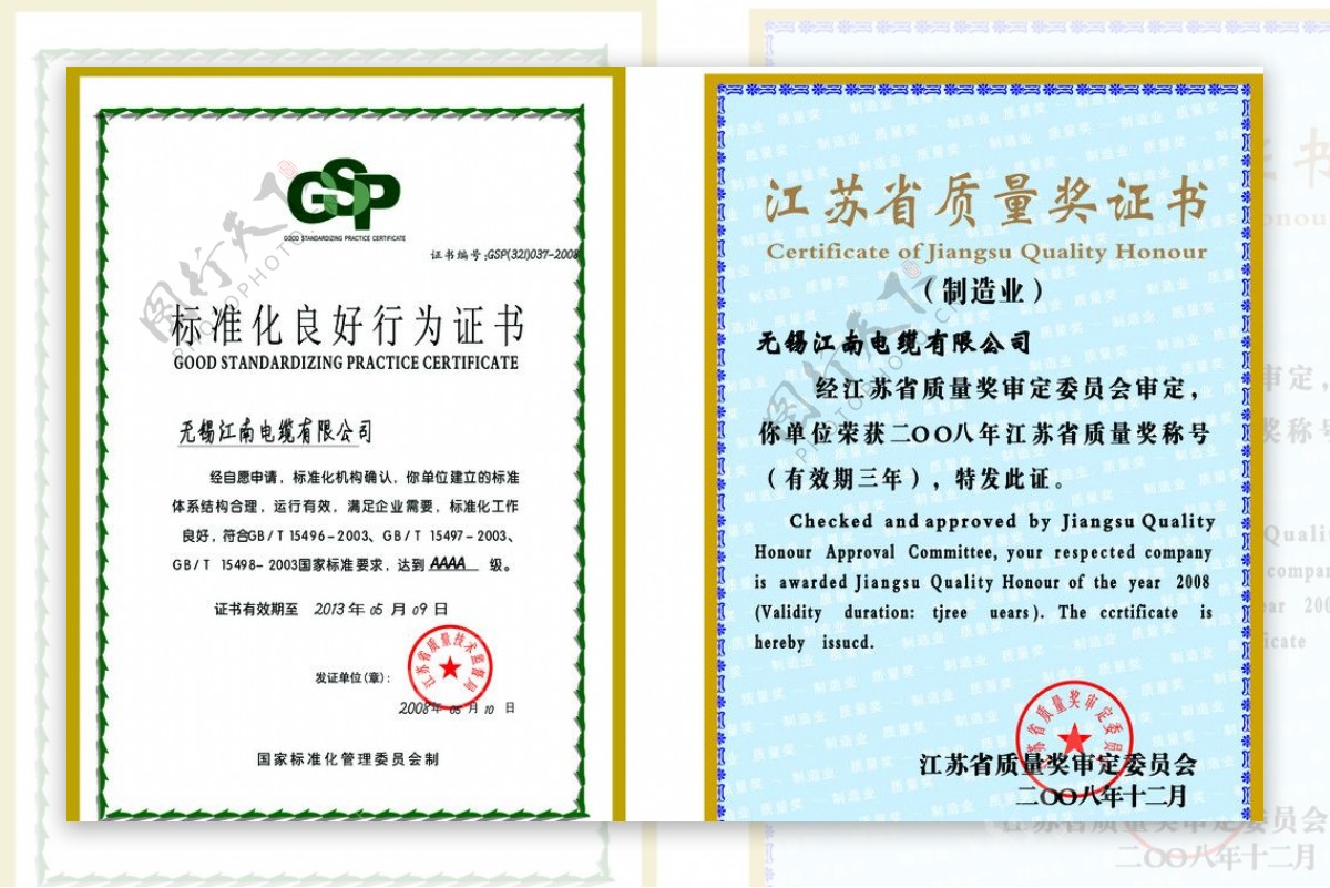 江苏省电缆行业证书图片