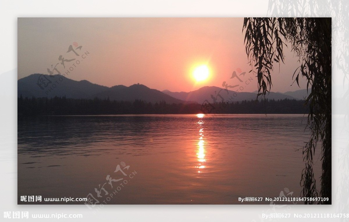 西湖湖畔夕阳无限图片