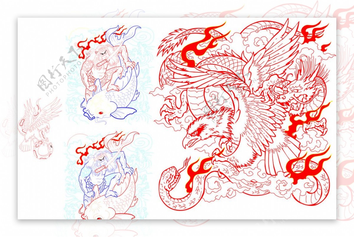 鹰蛇龙鱼纹身图片