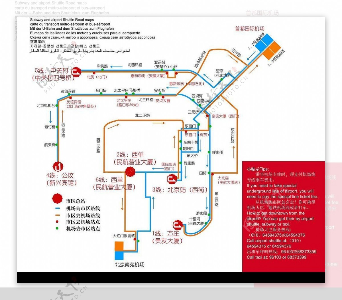 北京机场巴士线路九国语言名称中英文信息提示图片