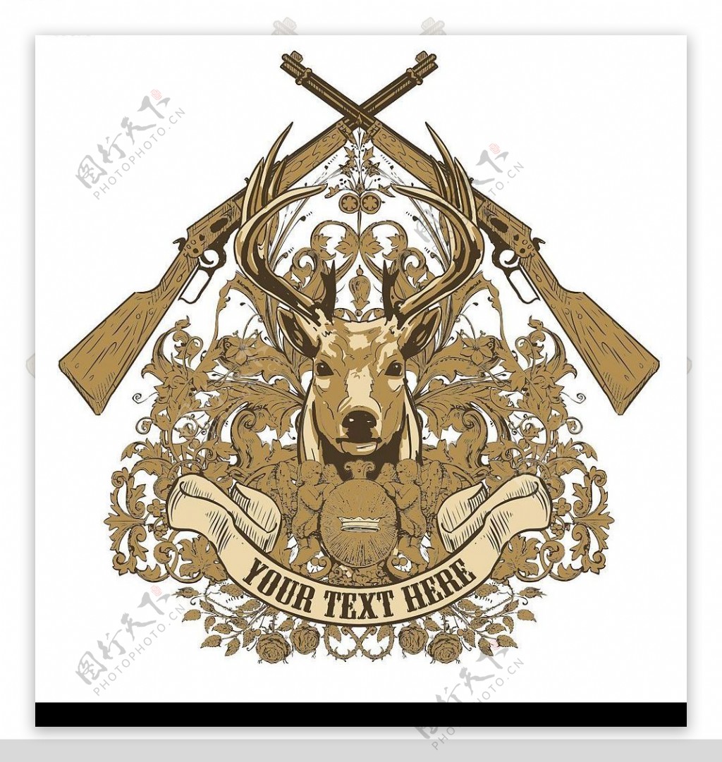 公鹿花纹装饰品与步枪矢量图图片