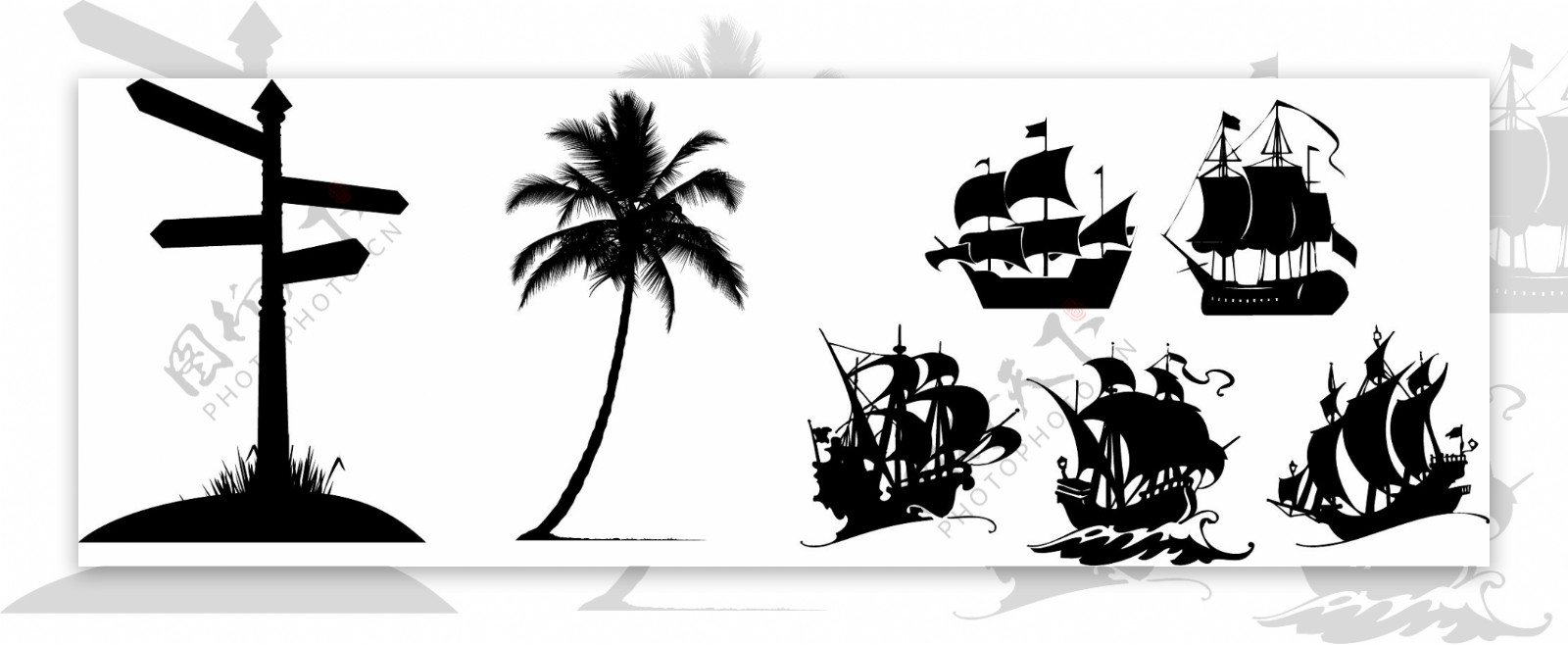 路牌椰树帆船剪影素材图片