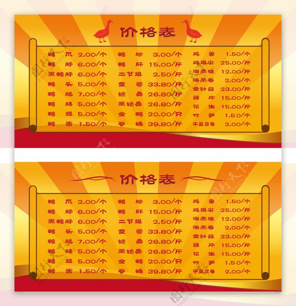 鸭颈王价格表展示板图片