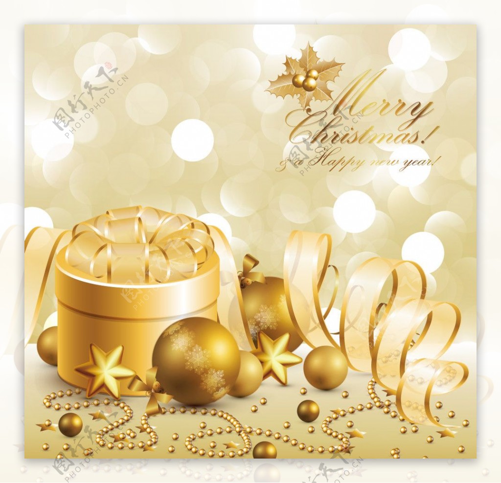 金色动感丝带圣诞贺卡背景图片