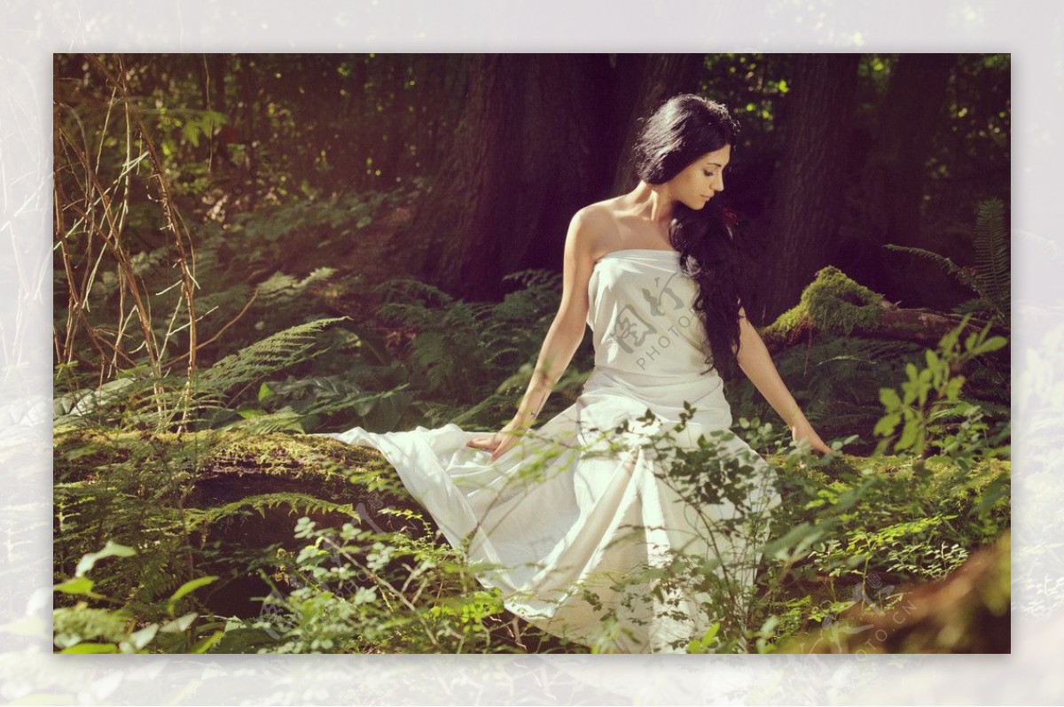 花丛中穿着白色连衣裙女孩图片