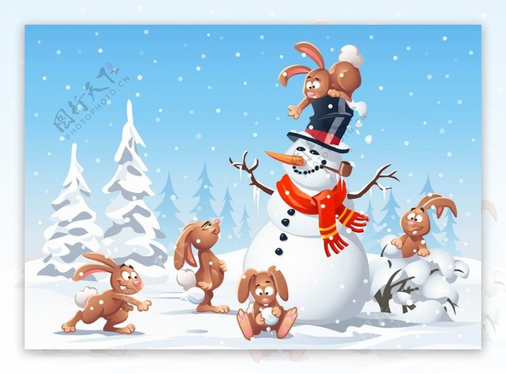 卡通打雪仗的兔子雪人圣诞背景图片