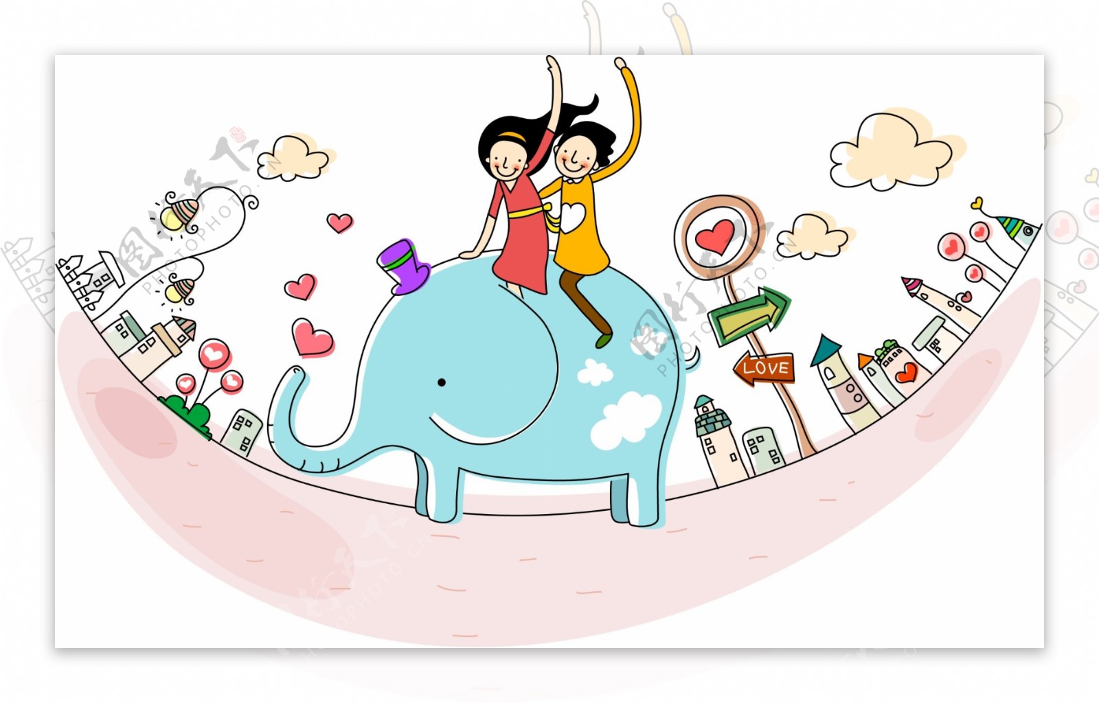 大象上的卡通情侣图片