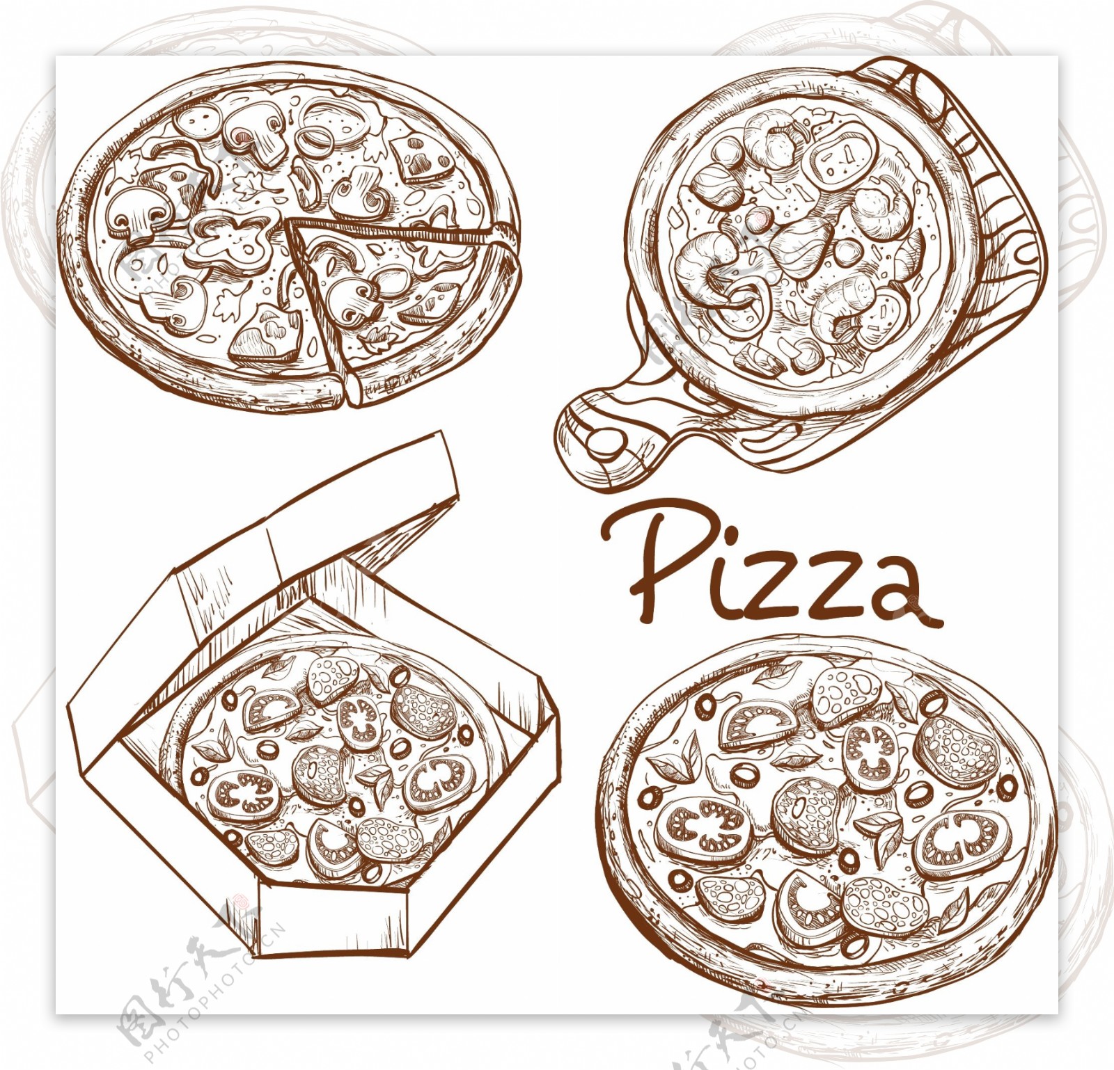 一组手绘披萨插图