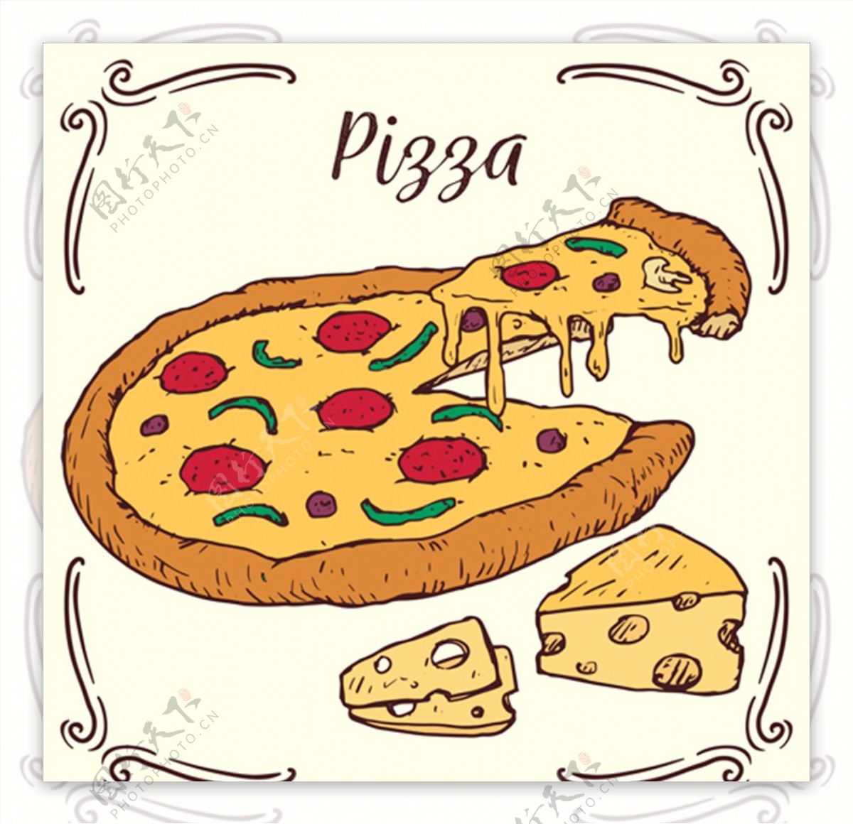 手绘芝士披萨插图