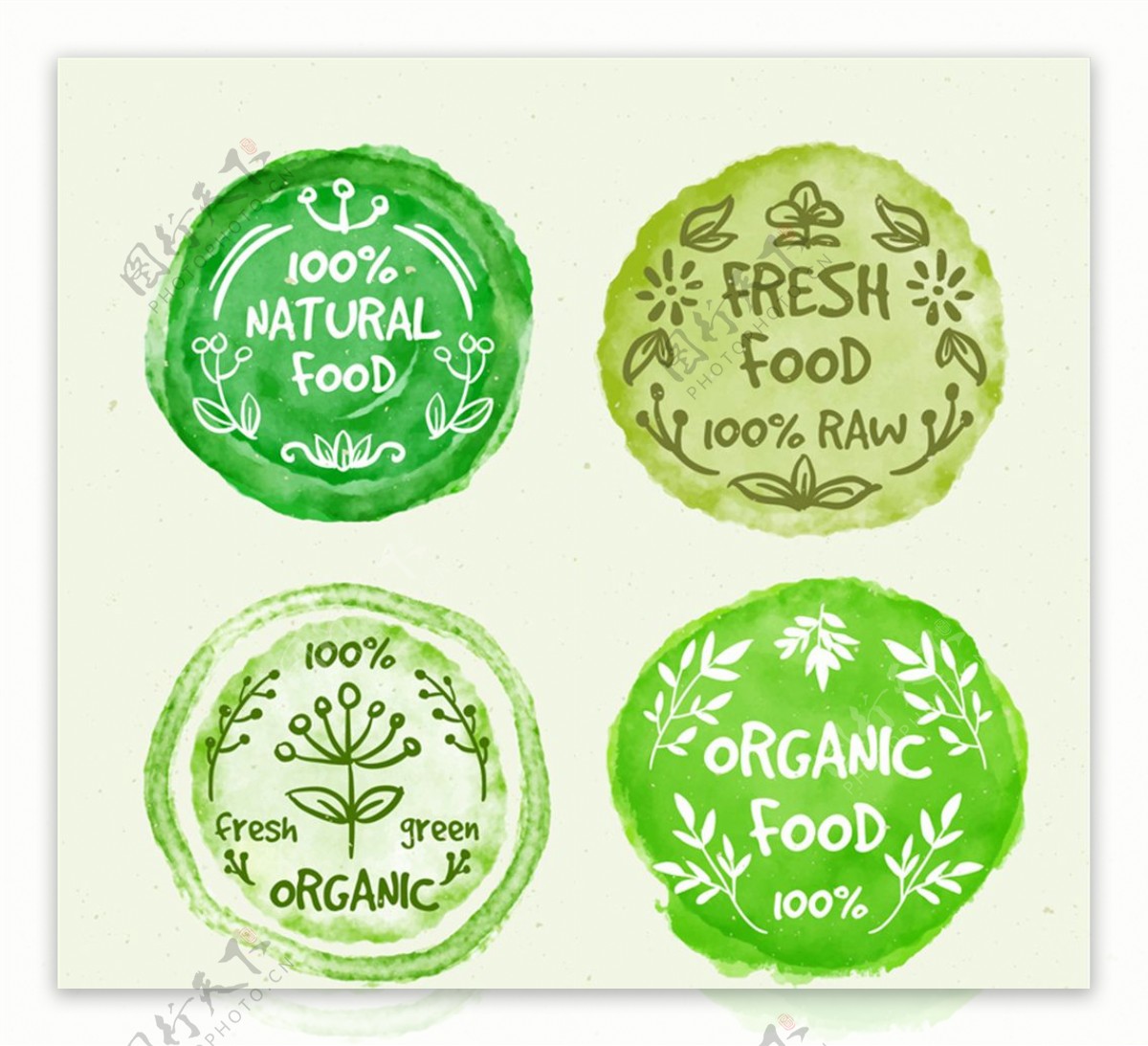 4款水彩绘有机食物徽章矢量素材