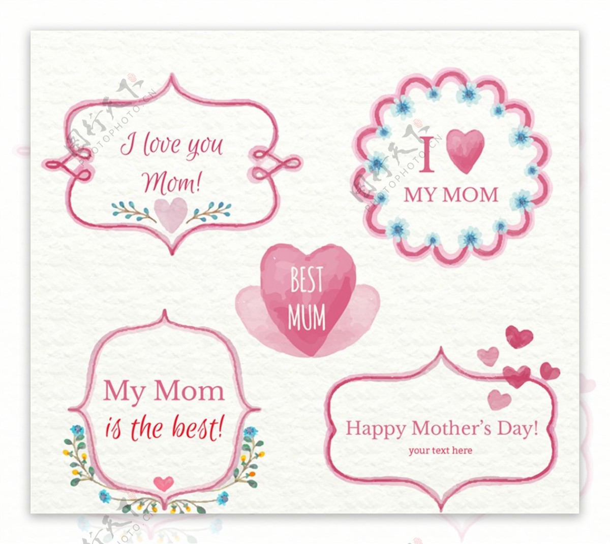 5款彩绘爱心母亲节标签矢量素材