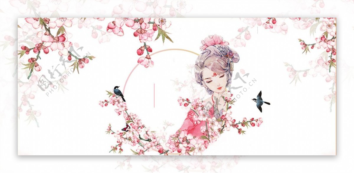粉色小清新手绘桃花妇女节背景