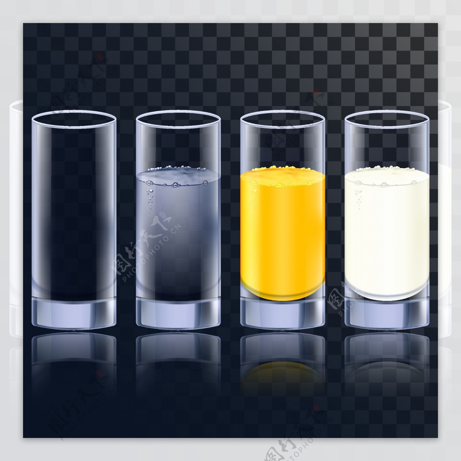 四只玻璃杯里不同颜色的饮料