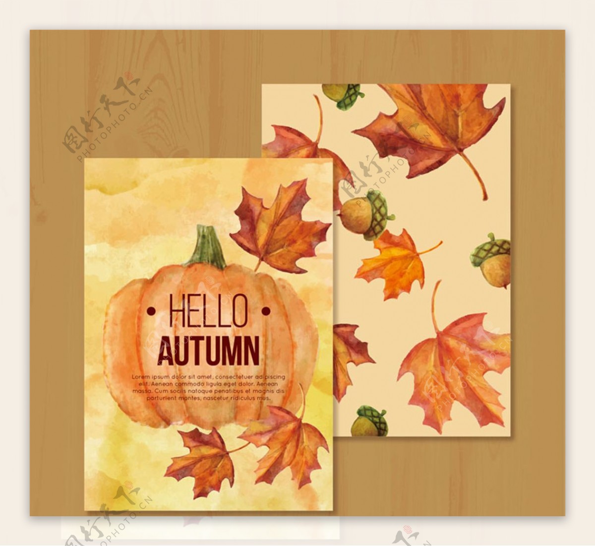 彩绘秋季南瓜橡子和落叶卡片