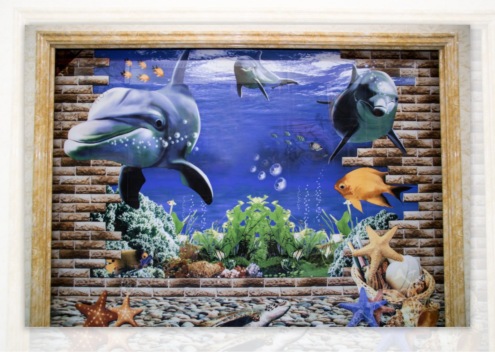 3D晶彩砖海豚背景墙