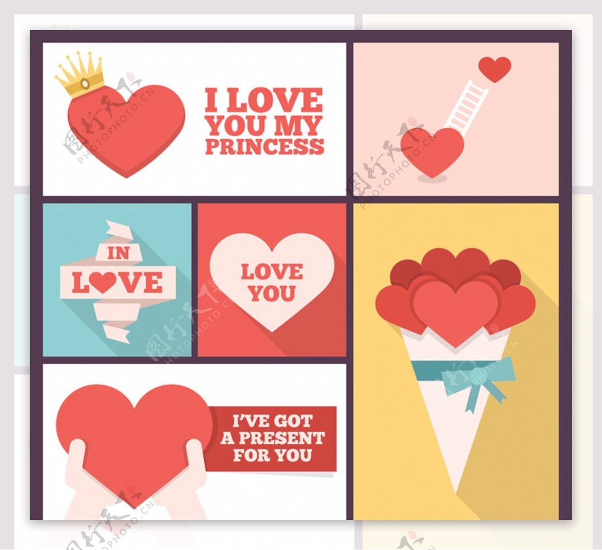 6款创意爱心组合卡片矢量素材
