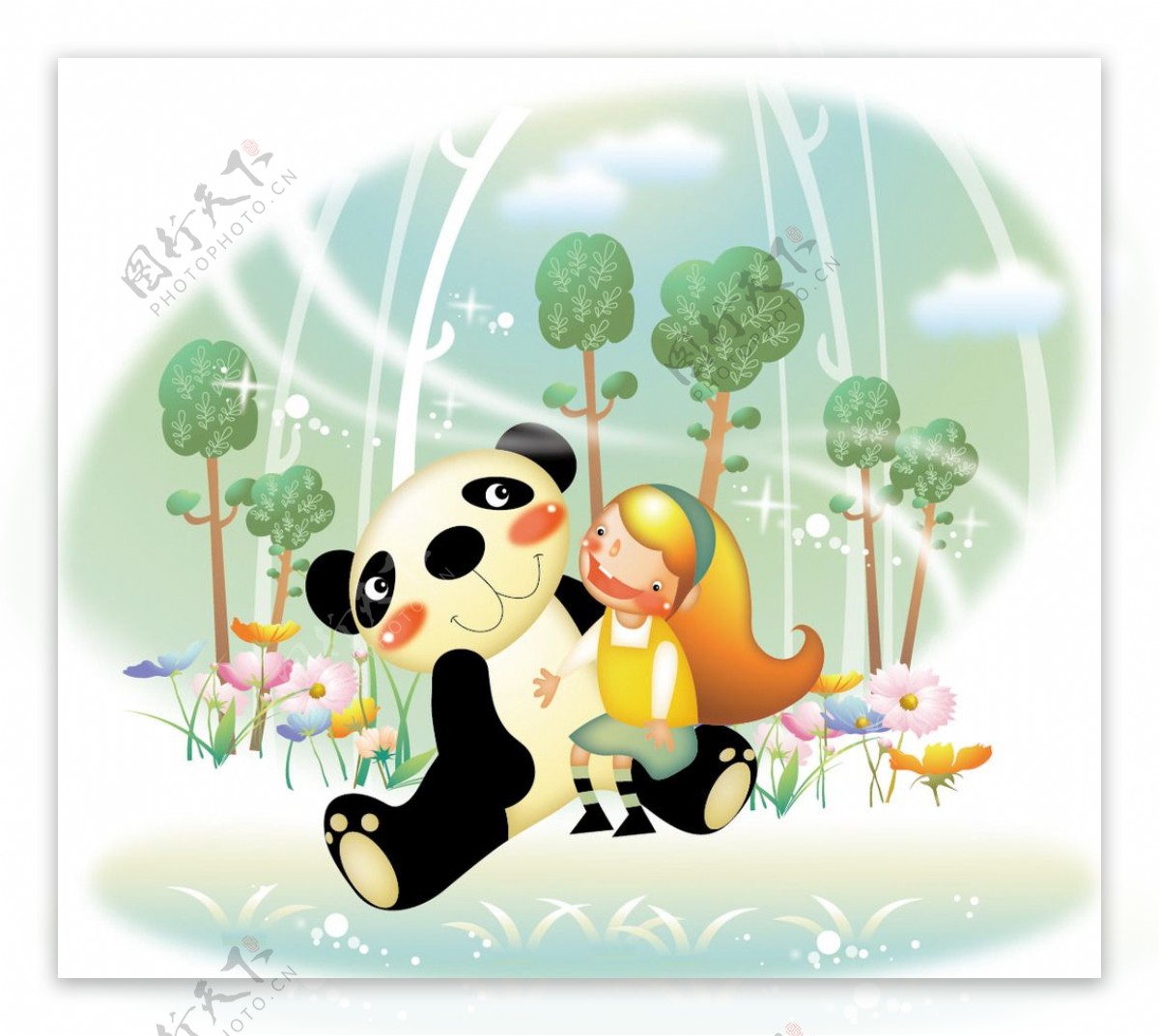 和熊猫坐在一起的卡通女孩