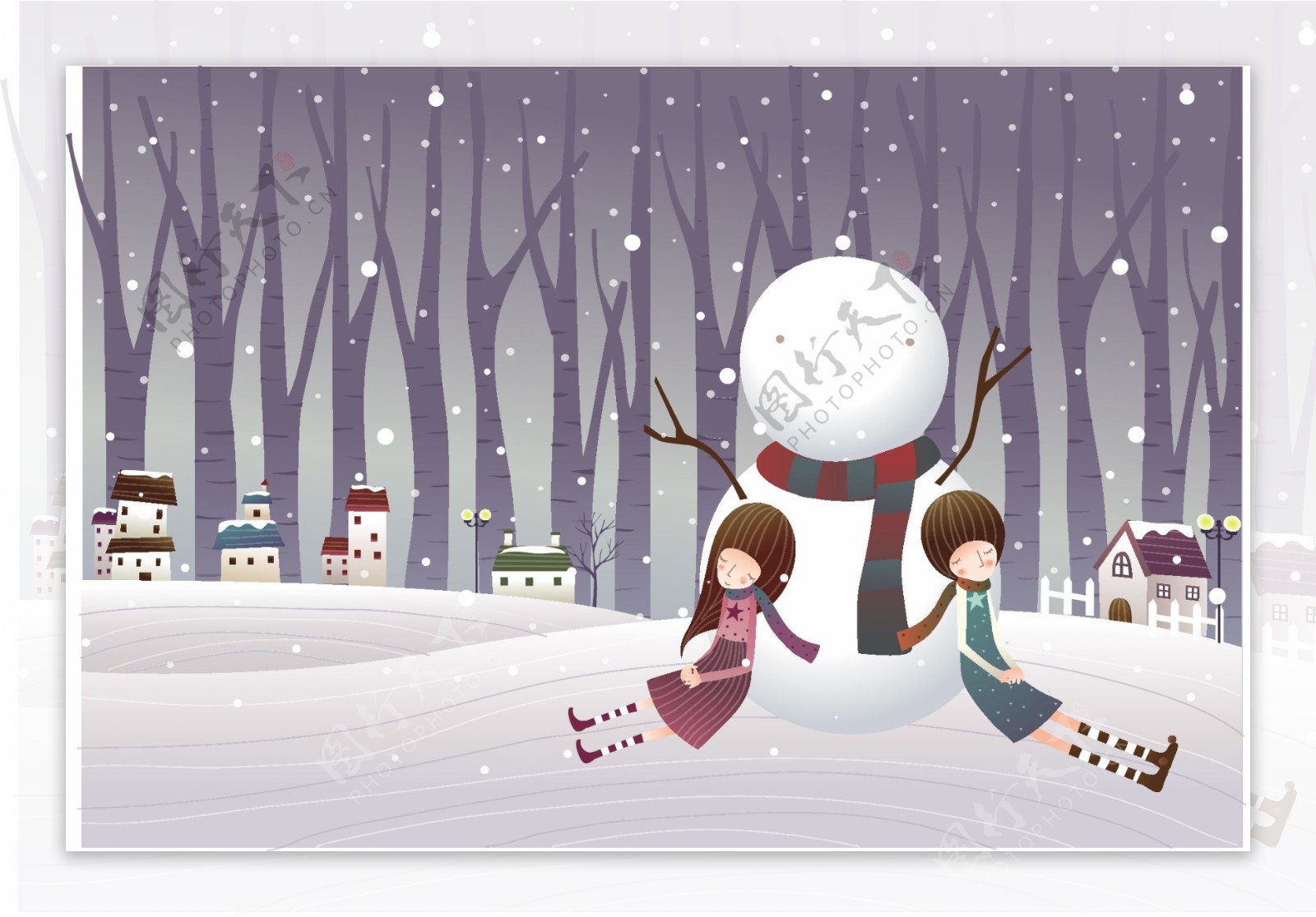 卡通冬季雪景情侣人物素材