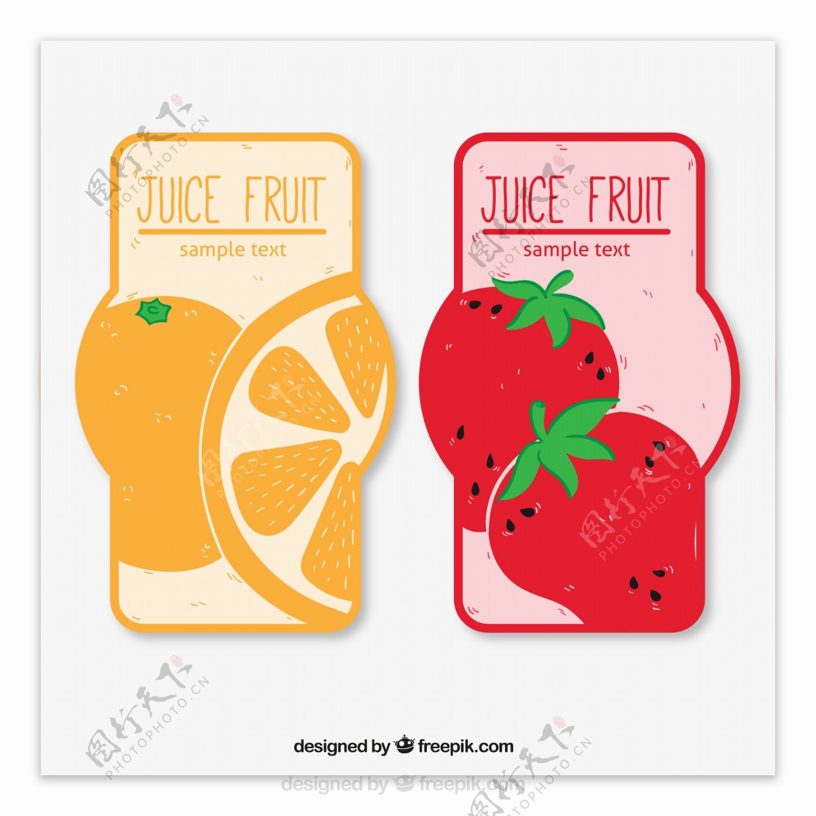彩色果汁橙子和草莓标签