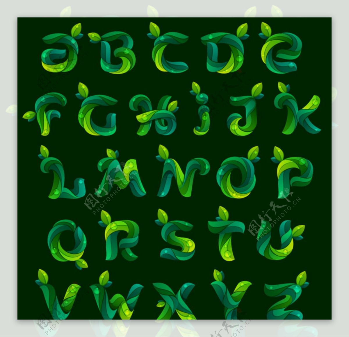 26个绿色树叶字母矢量素材