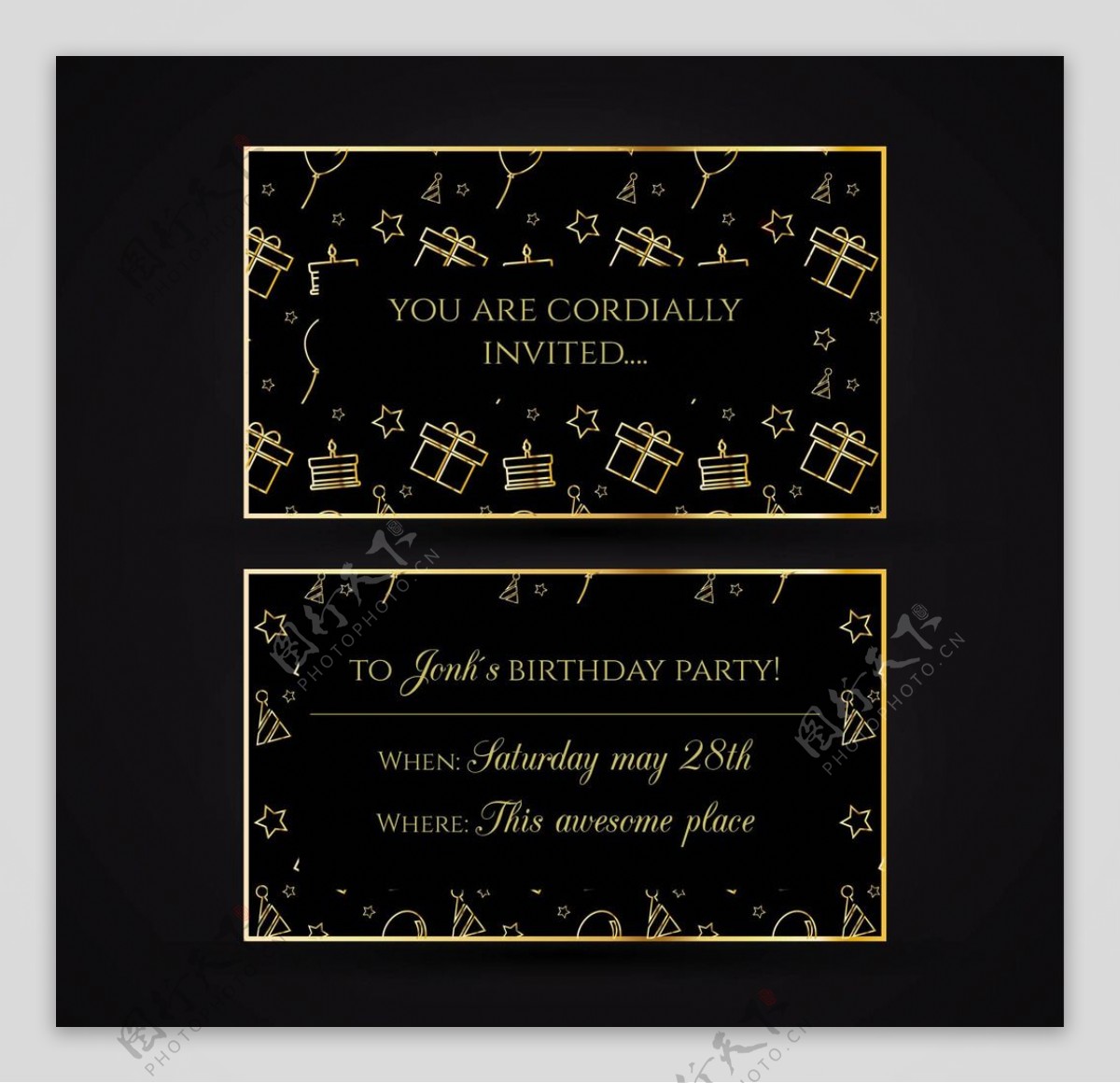 金色和黑色的生日邀请卡片
