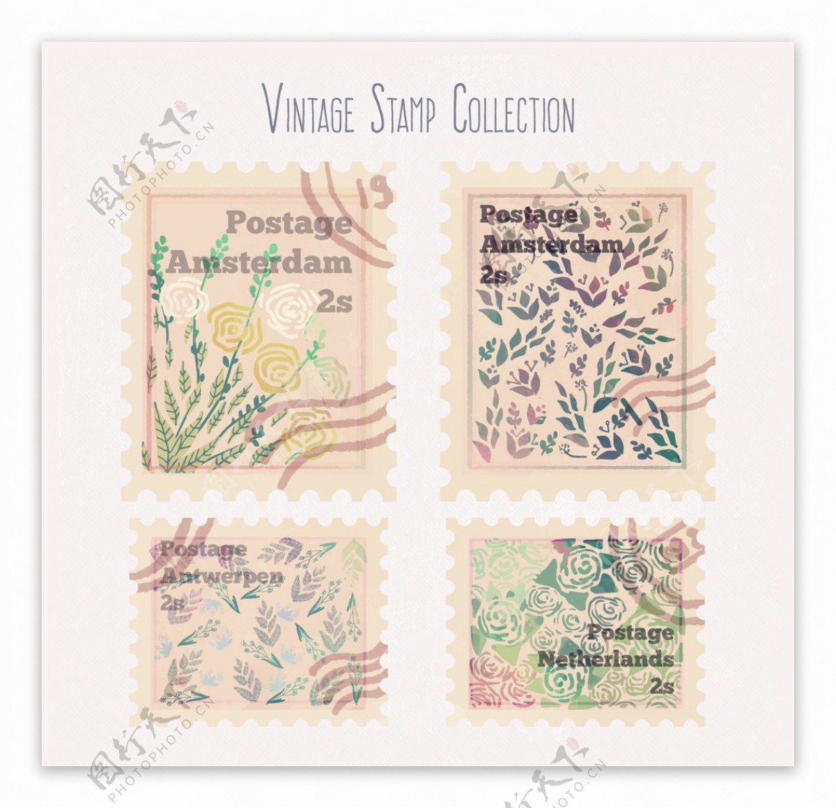 水彩复古花卉邮票