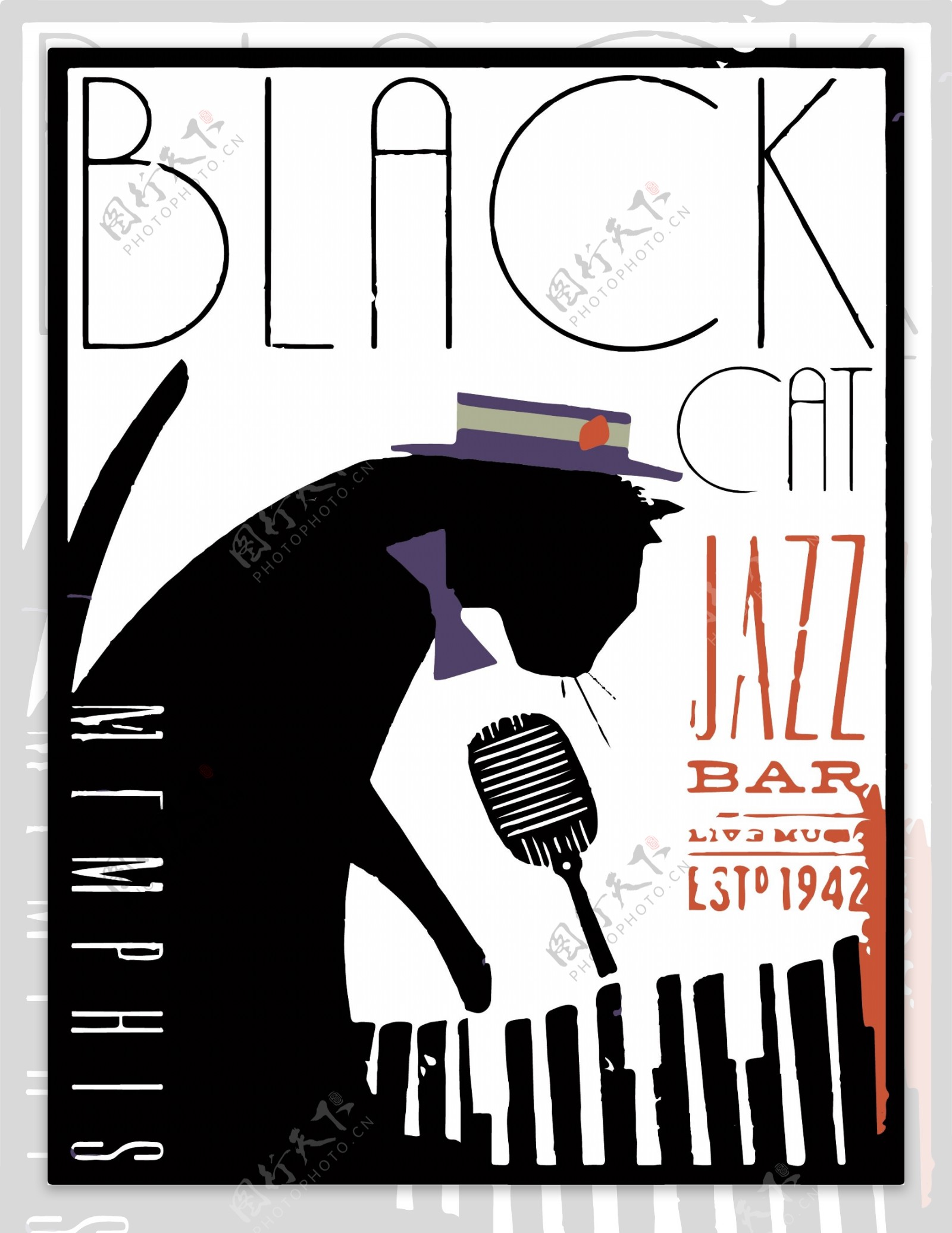 黑猫爵士乐音乐海报矢量图下载