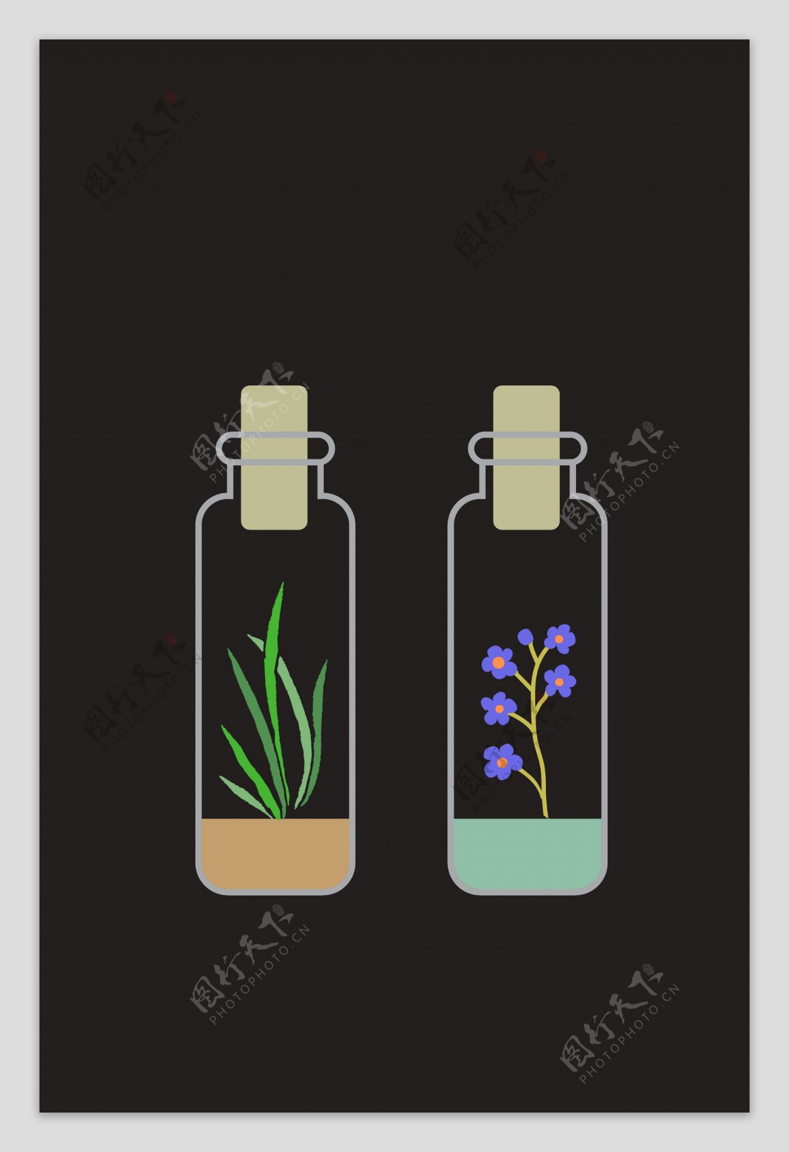 手绘植物花朵花卉玻璃瓶矢量图