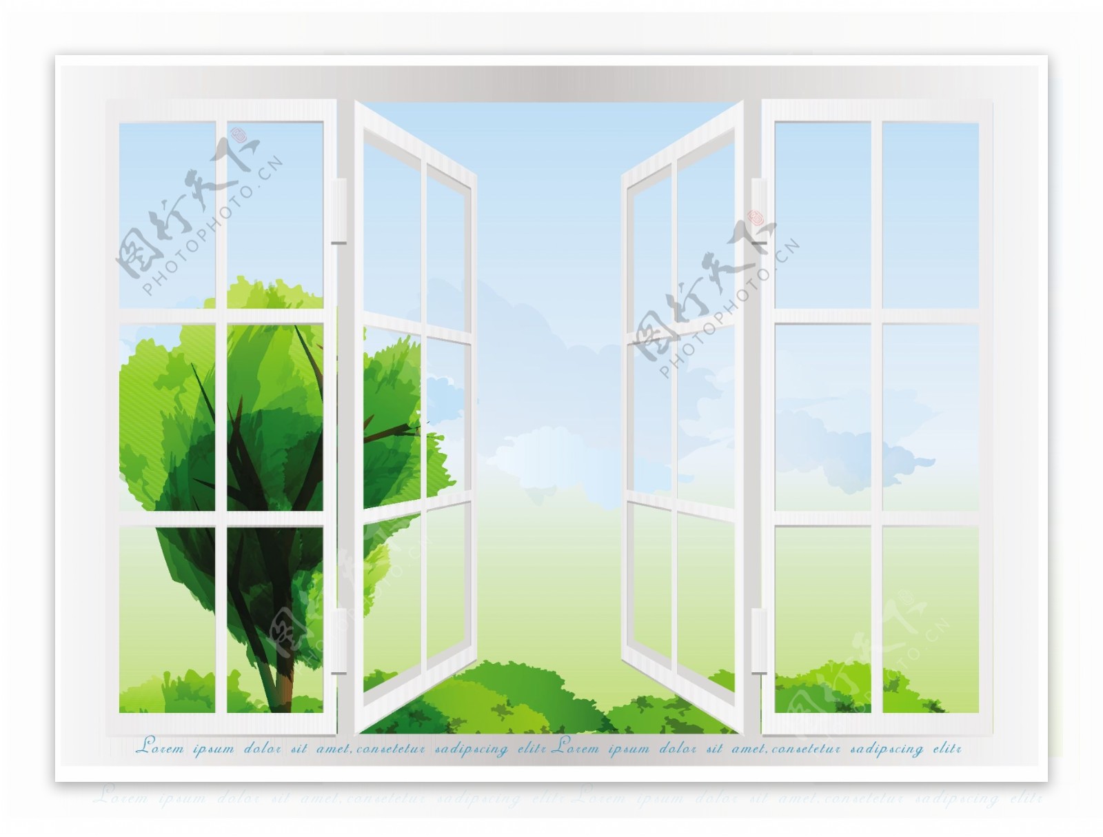 白色窗户与风景背景矢量素材