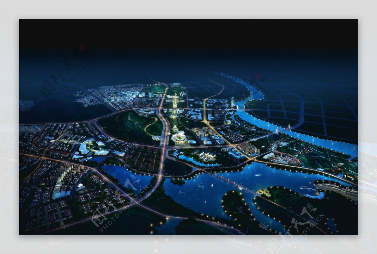 滨河临海城市设计夜景鸟瞰图