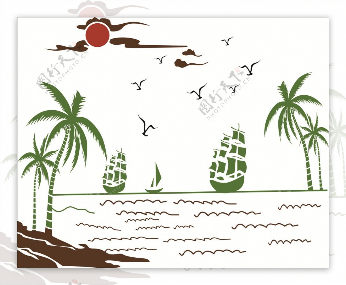 椰子树海边场景画,大海沙滩椰树图片,蓝天大海椰子树头像_大山谷图库