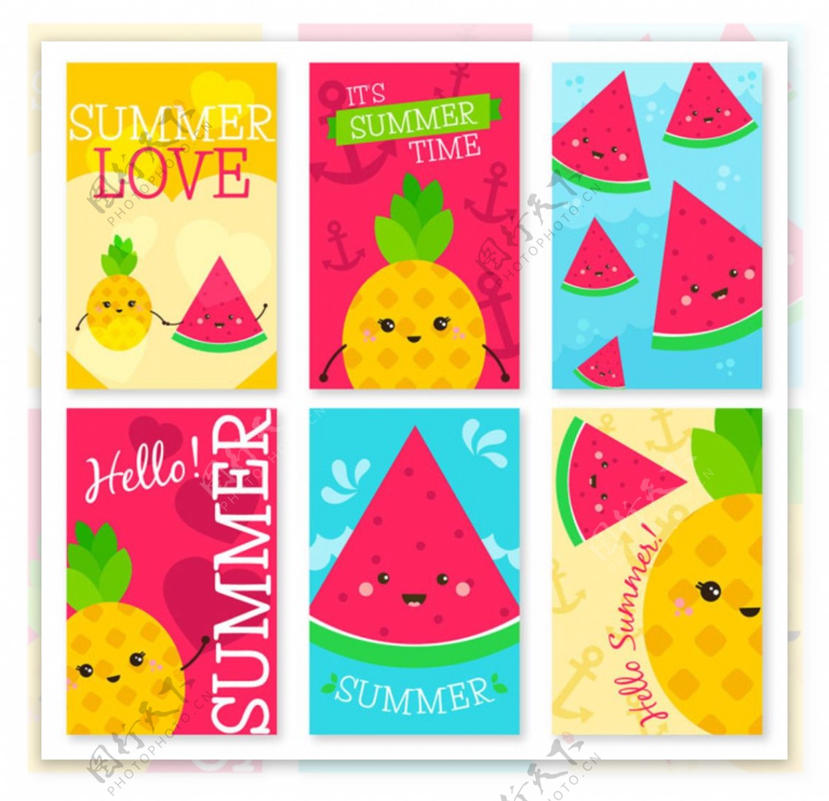 可爱的水果人物表情的夏季卡片
