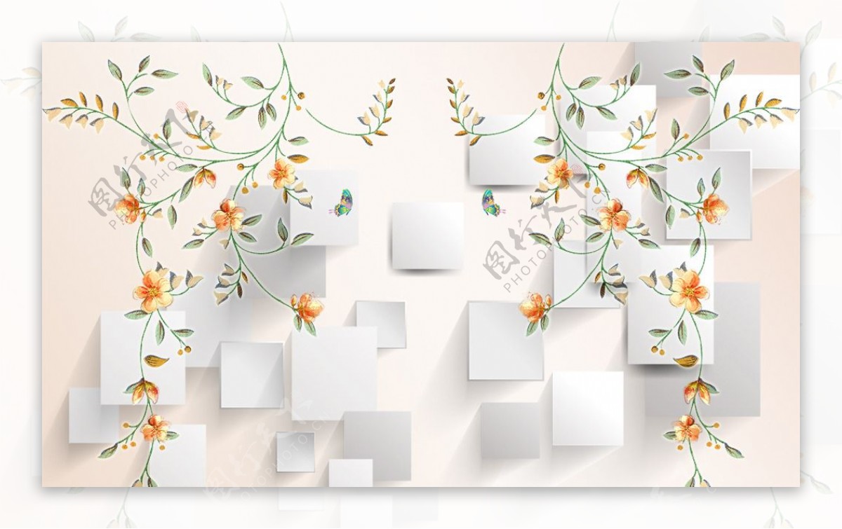 3D方块抽象花藤背景墙