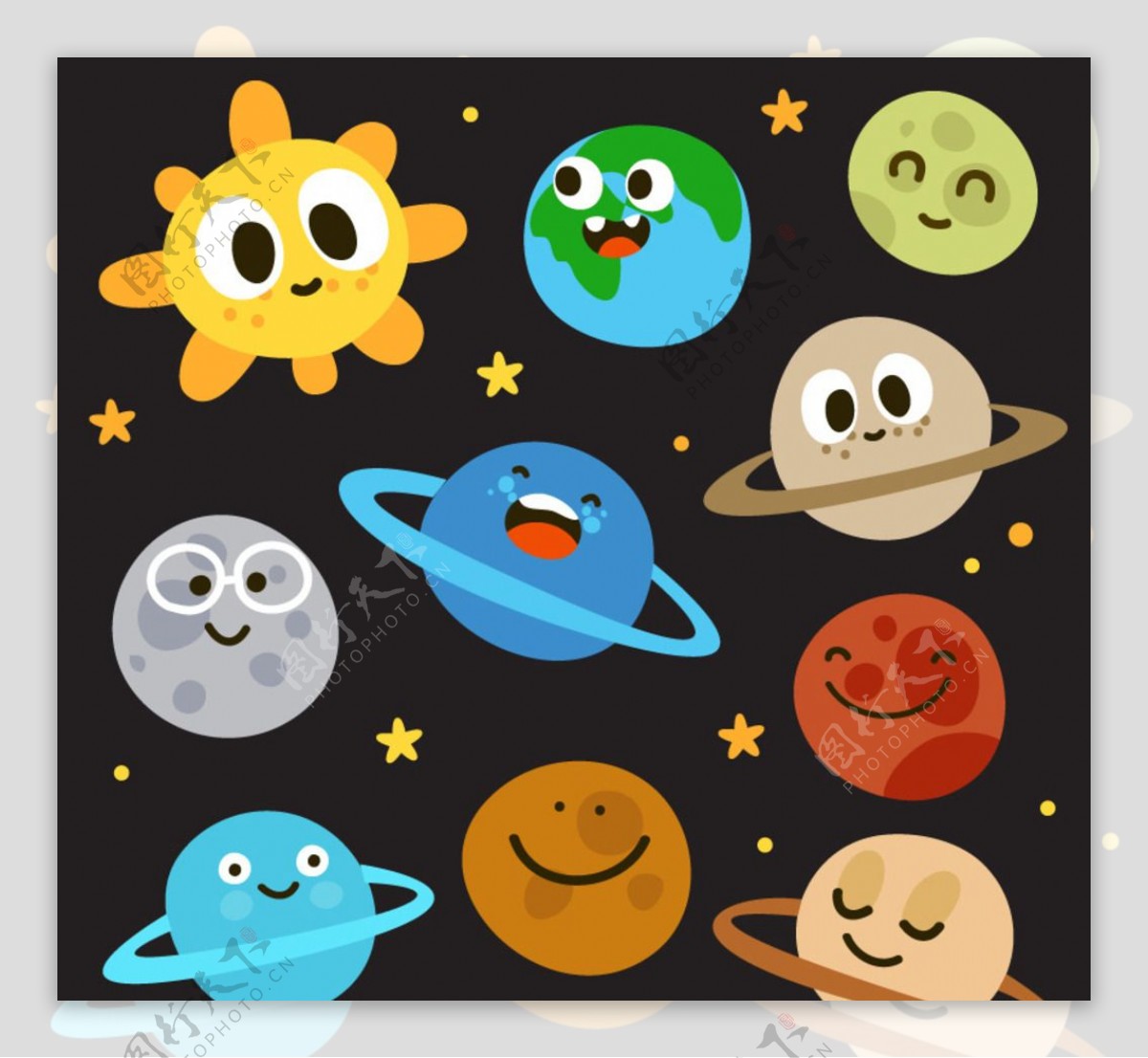 卡通太阳和九大行星