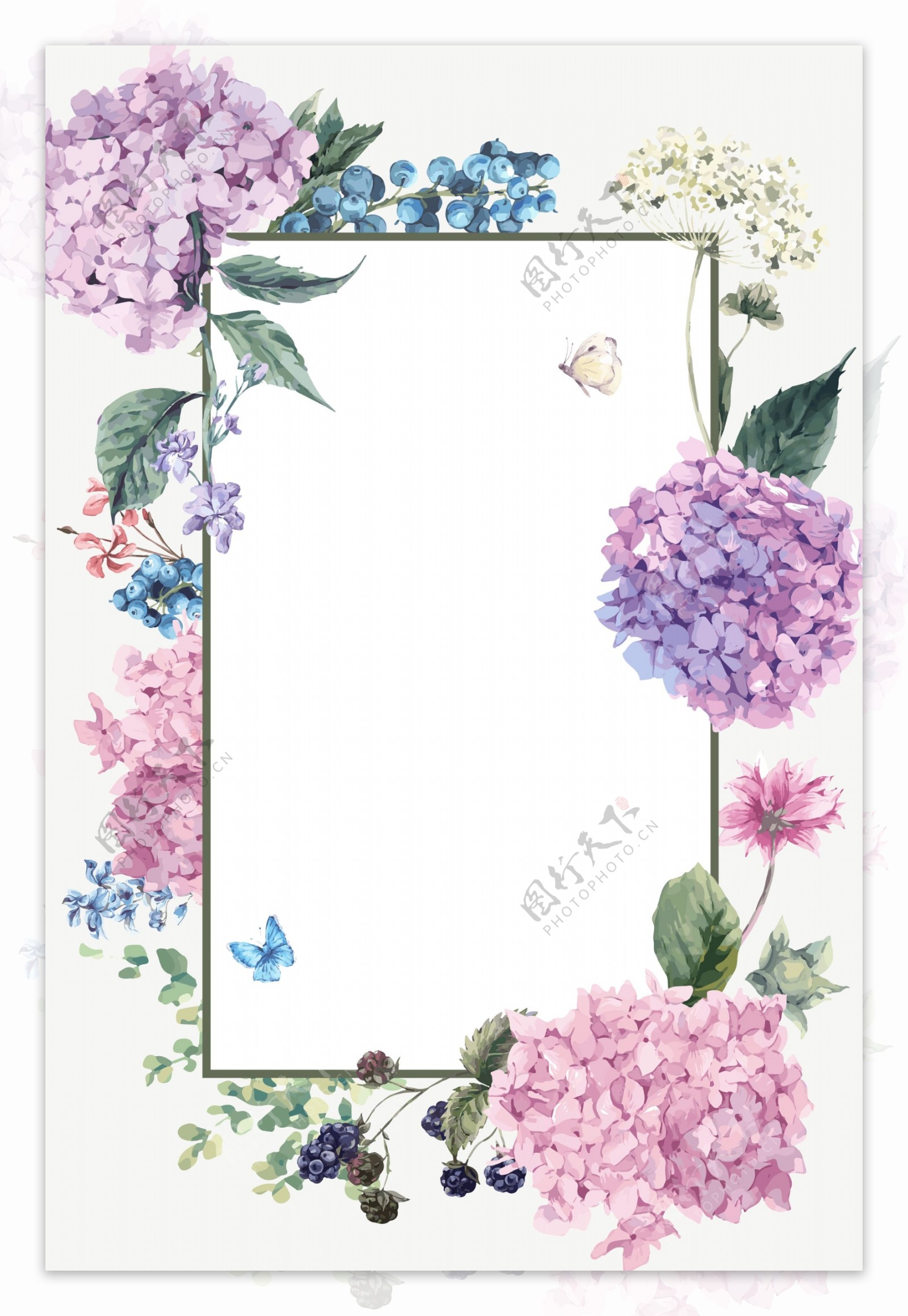 粉紫绣球花卉边框礼物卡信纸