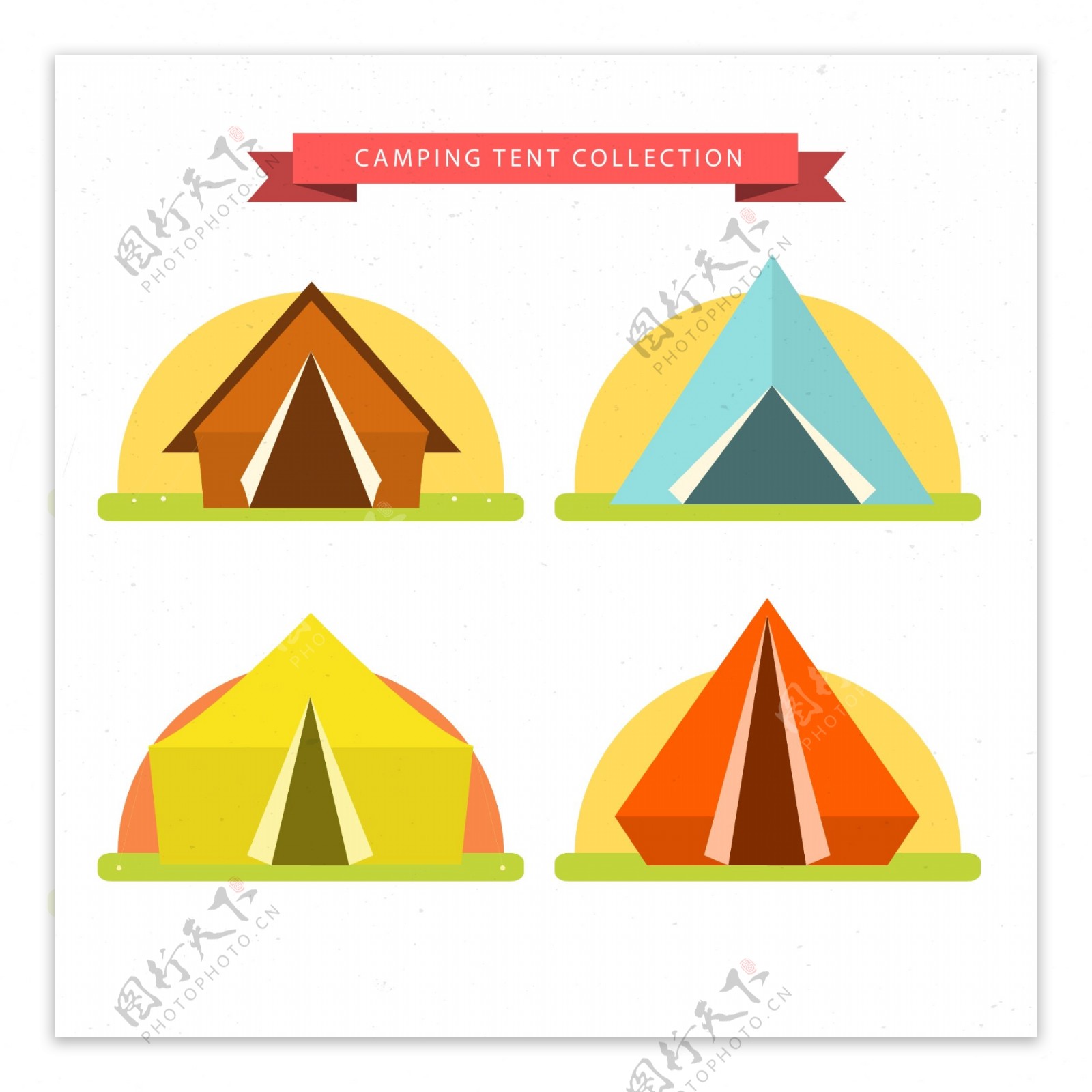 4款彩色夏季野营帐篷矢量素材