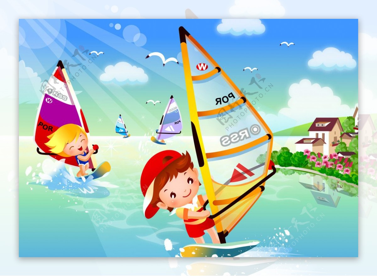 卡通儿童帆船运动矢量素材