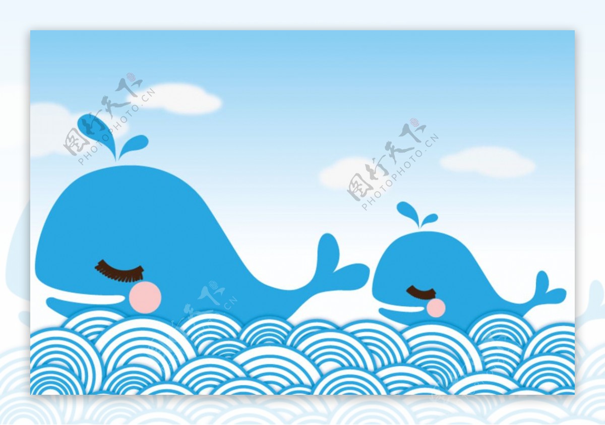 两只蓝色卡通鲸鱼矢量素材